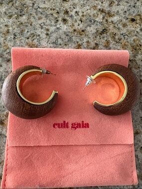 Cult Gaia Mona Brown Wooden Hoop Earrings with Gold Trim